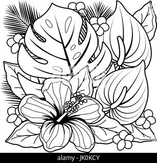 Tropische Pflanzen und Hibiskusblüten. Black And White coloring Book-Seite. Stock Vektor