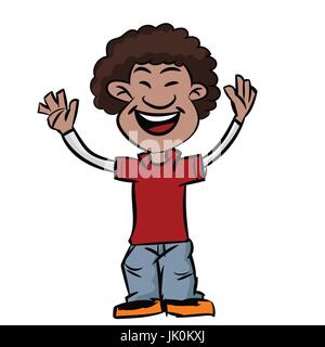 Bunten Cartoon Junge lächelte mit Afro-Frisur, afrikanische Teen machen Hände hoch - Vektor-Illustration. Stock Vektor