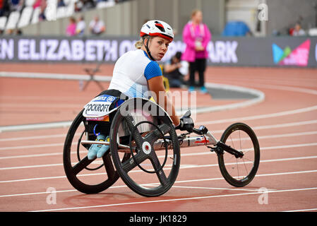 Hannah Cockroft beim Start des T34 400 m Rollstuhlrennen bei den Para Athletics World Championships in London Stockfoto