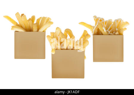 Take away Boxen von Pommes Frites mit einfachen, Käse und Saucen Dips können Stockfoto