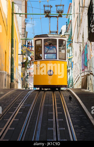 Lissabon Tram Portugal, Ansicht einer Straßenbahn, die Touristen in einer Straße im Stadtteil Bairro Alto von Lissabon, Portugal, auf dem Elevador da Bica hinunterfährt. Stockfoto