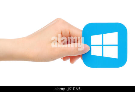 Kiew, Ukraine - 18. Mai 2016: Hand hält Microsoft Windows Symbol auf Papier gedruckt Stockfoto