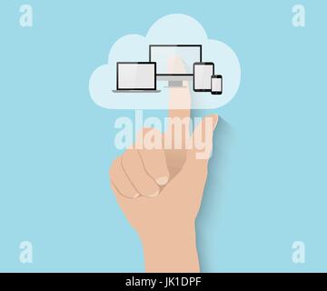 Cloud-computing-Konzept, schiebt Hand große flache Wolke mit Tablet-PC, Notebook, Smartphone und computer Stock Vektor