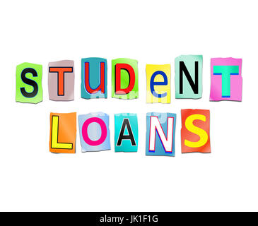 3D Abbildung zeigt eine Reihe von ausgeschnittenen gedruckte Buchstaben angeordnet, um die Worte Studiendarlehen zu bilden. Stockfoto
