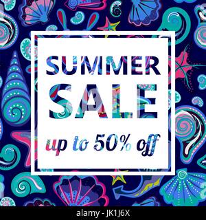 Sommer Sale Banner auf hellen nahtlose Hintergrund mit Handzeichnung Meereslebewesen. Vektor Stock Vektor