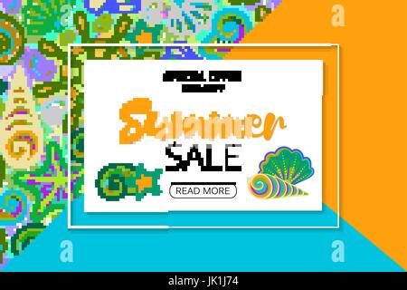 Sommer Sale Banner auf hellen nahtlose Hintergrund mit Handzeichnung Meereslebewesen. Vektor Stock Vektor