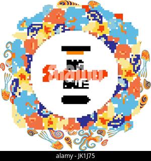 Summer-Sale runden Rahmen Meereslebewesen. Vektor-Illustration. Hand zu zeichnen Schriftzug Stock Vektor