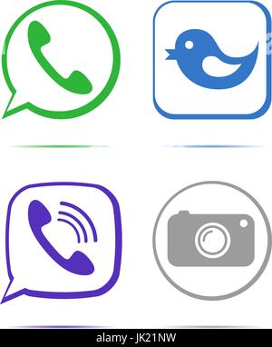 Flache gestaltete Vektor-Icons von Digitalkamera, wie Hand-Symbol, Daumen nach oben, Messenger Vogel und Telefonhörer für soziale Medien, Websites, Schnittstelle Stock Vektor