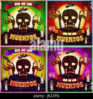 Drucken Sie-mexikanischen Sugar Skull und Herz Set, Tag der Toten Plakatkunst Stock Vektor
