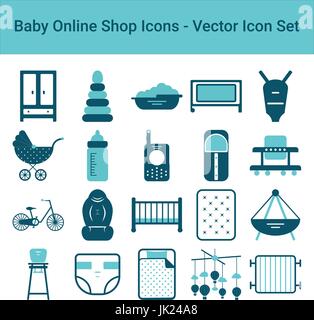 Baby Online-Shop Symbole auf einem weißen Hintergrund. Vektor-Icon-Set. Stock Vektor