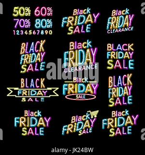 Schwarzer Freitag entwirft NEON | Retro-Style-Elemente | Vintage Schmuck | Verkauf, Räumung | Vektor-Set | Schwarzer Freitag Retro-Lightframe. KUNST Stock Vektor