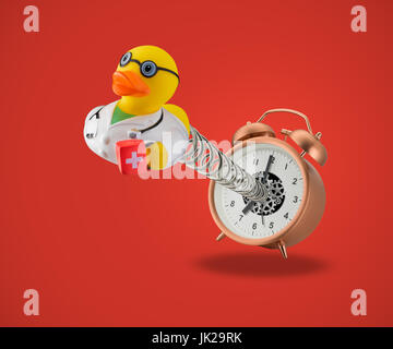 Rubber Duck Arzt kommen aus Wecker auf Frühling Stockfoto