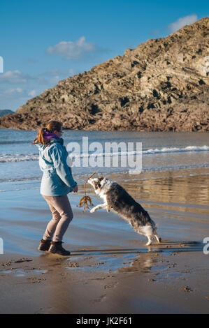 Frau spielt mit ihrem blue Merle Border Collie Hund direkt am Strand Stockfoto