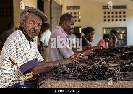 Sambava, Madagaskar, Jan 14: Madagassischen Arbeitskräfte Herstellung von Vanille in einer nicht identifizierten Handwerksbetrieb in der Nähe von Sambava, Madagaskar am 12. Januar 2017 Stockfoto