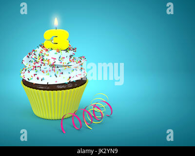3D süßen Cupcake mit Kerze Nummer 3 auf blauem Grund Stockfoto
