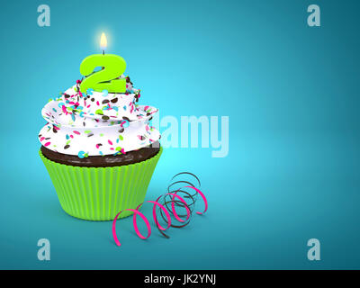 3D süßen Cupcake mit Kerze Nummer 2 auf blauem Hintergrund Stockfoto