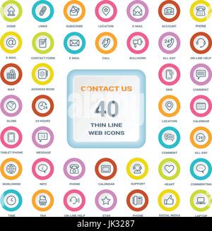 Kontaktieren Sie uns - Set von dünne Linie Web Icons auf A Kreis grenzt Schilde isoliert auf einem weißen Hintergrund. Icon-Set. Stock Vektor