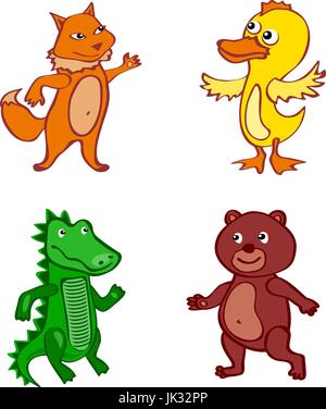 Handgezeichnete Cartoon Vektor wild Set Abbildung Ente Fuchs Bär Stock Vektor
