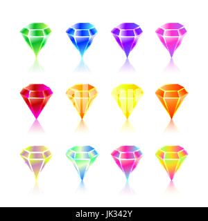Cartoon-Vektor-Symbole für Edelsteine und Diamanten inmitten von verschiedenen Farben Hintergrund. Stock Vektor