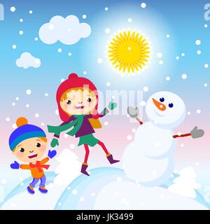 Kinder machen einen Schneemann an einem sonnigen Tag Vektor Illustrationskunst Stock Vektor