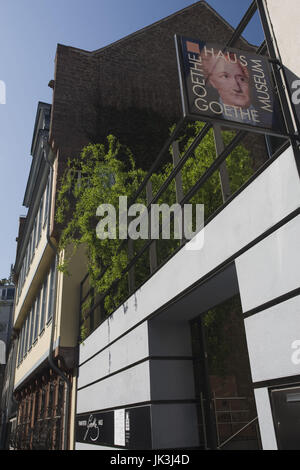 Deutschland, Hessen, Frankfurt am Main, Altstadt, Goethe Haus Beschilderung, Geburtsort des deutschen Schriftstellers Johann Wolfgang von Goethe, 1749, Stockfoto