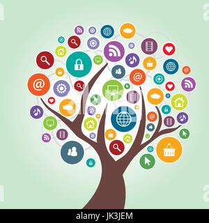 Baum mit Blättern in Form von Kreisen mit Icons von social media Stock Vektor