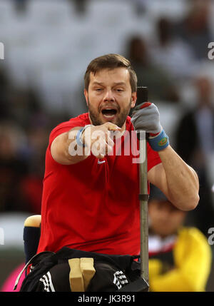 Der Tscheche Ales Kisy tritt am achten Tag der Leichtathletik-Weltmeisterschaften 2017 im Londoner Stadion beim Finale der Männer-Kugelschuss-F53 an. DRÜCKEN SIE VERBANDSFOTO. Bilddatum: Freitag, 21. Juli 2017. Siehe PA-Geschichte ATHLETICS Para. Bildnachweis sollte lauten: Simon Cooper/PA Wire. Stockfoto