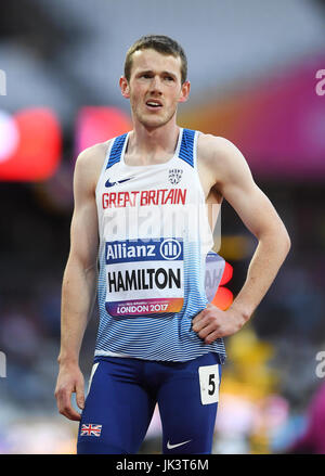 Der Brite James Hamilton nach dem dritten Platz in der Männer 800m T20 Runde 1 Hitze 1/2 Tag acht 2017 Para Leichtathletik WM London Stadium. Stockfoto