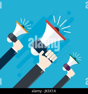 Hände halten ein Megaphone. Benachrichtigung oder Ankündigung, Förderung eines Produkts, Service oder Event. Flaches Design Vektor Illustration Geschäftskonzept. Stock Vektor