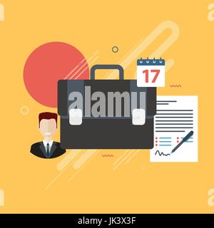 Dokumente oder Berichte mit Daten für Signatur, Geschäftsmann, Aktenkoffer und Kalender in Form von Icons. Grafiken auf gelbem Hintergrund. FLA Stock Vektor