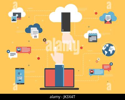 Hände auf Laptop und Cloud computing. Teilen und Dateien übertragen und Daten. Konzepte, cloud computing, Daten, Technologie, Internet und Sicherheit System. Wohnung Stock Vektor