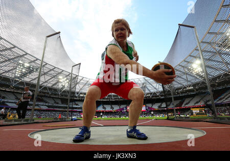 Weißrusslands Tamara in Aktion während der Frauen Discus F12 endgültige tagsüber acht der 2017 Para Leichtathletik-Weltmeisterschaften in London Stadion Sivakova. PRESSEVERBAND Foto. Bild Datum: Freitag, 21. Juli 2017. S. PA Geschichte Leichtathletik Para. Bildnachweis sollte lauten: Simon Cooper/PA Wire. Einschränkungen: Nur zur redaktionellen Verwendung. Keine Übertragung von Ton- oder bewegte Bilder und keine video-Simulation. Stockfoto