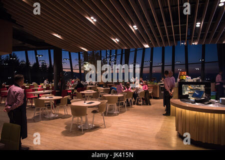 Rückansicht des zuversichtlich Kellnerjunge stehend mit den Händen hinter seinem Rücken in einem Luxusrestaurant Stockfoto