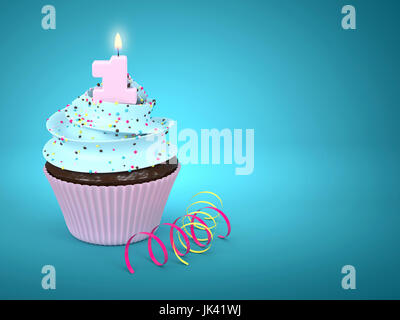 3D süßen Cupcake mit Nummer 1 Kerze auf blauem Hintergrund Stockfoto