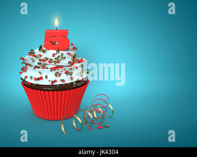 3D süßen Cupcake mit Kerze Nummer 5 auf blauem Hintergrund Stockfoto