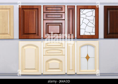 Dekorative Holz- Küche Schranktüren auf Wall Display Stockfoto