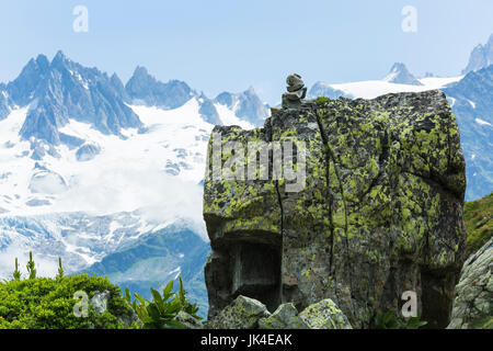 Geröllfeld und grünen Wiesen in den französischen Alpen über Chamonix. Stockfoto