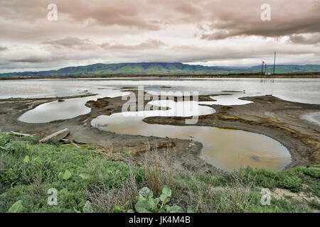 Alviso Slough und Diablo Gebirge im Winter. Stockfoto