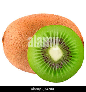 Isolierte Früchte.  Eine und eine halbe Frucht Kiwi isoliert auf weißem Hintergrund als Paket Gestaltungselement. Gesunde Ernährung. Stockfoto