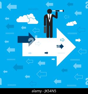 Unternehmer auf der Suche nach Möglichkeiten des Wachstums in die entgegengesetzte Richtung. Geschäftsidee in Vektor-Illustration. Stock Vektor