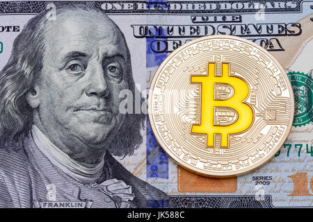 Golden Cruptocurrency gelb "Bitcoin auf hundert-Dollar-Bank Stockfoto