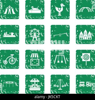 Vergnügungspark-Ikonen stellen im Grunge-Stil grün isoliert Vektor-illustration Stock Vektor