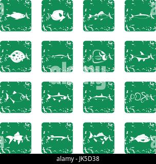Fisch-Symbole festlegen im Grunge-Stil grün isoliert Vektor-illustration Stock Vektor