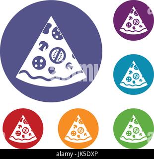 Pizza Slice Symbole inmitten einer flachen Kreis rote, blaue und grüne Farbe für web Stock Vektor