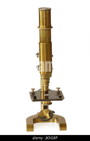Altmodisches Mikroskop aus dem 19. Jahrhundert. Isoliert auf weißem Hintergrund. Stockfoto