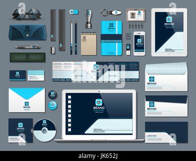 Geschäft CI Elemente festgelegt. Vektor arbeiten Artikel Telefon, Tablet, Karten, Karten mit Markenlogos. Arbeiten Sachen Schreibwaren 3d realistisch sammeln Stock Vektor