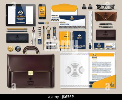 Geschäft CI Elemente festgelegt. Vektor arbeiten Artikel Portofolio, Brille, Handy, Tablet, Karten mit Markenlogos. Arbeiten Sachen Schreibwaren 3d Rea Stock Vektor
