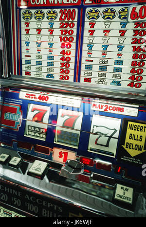 USA, Nevada, Las Vegas, Casino, Spielautomat, 'Einarmiger Bandit,' Detail Amerika Spielerstadt, Mc Carran, Spielhalle, Spielcasino, Spielsalon, Glücksspiel, Geldspielautomat, Auswahl, Beschlagstechnischen, Spiel, Gewinnen, Verlieren, Geldgewinn, Konzept, Spielsucht, Glück, Gewinn, Erfolg, Zufall, Jackpot, Gewinnchancen, Sachaufnahme Stockfoto