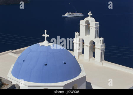 Griechenland, Kykladen, Insel Santorin, Nordwestküste, Fira, Kirche, Detail, Meer Mittelmeer, anregenden Calderafelsen, Cyclades, Kyklades, Santorini, Thira, Thira, Hauptort, Kimisis Theotokov Kirche, Angabe Laut Urheber, findet anschließend, Blick, Fähre Stockfoto