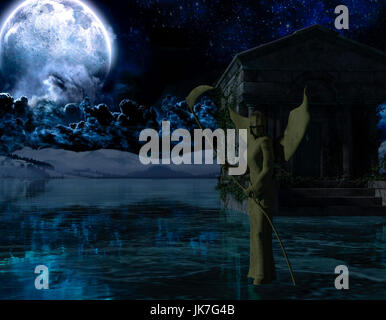 Engel des Todes - Gruselnacht Hintergrund mit Mond - 3d rendering Stockfoto